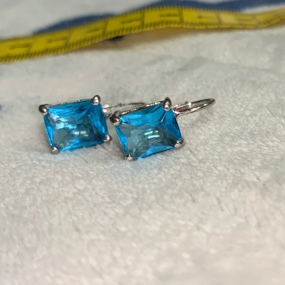 Silver Tone Blue Rectangle Gemstone Lever Back Earrings - Picture 5 of 7